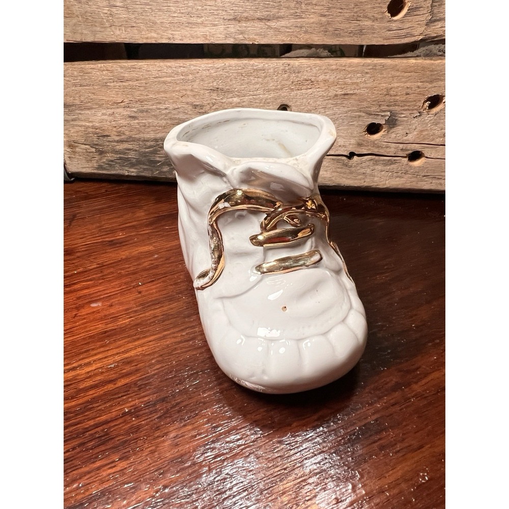 White Vintage Baby Shoe Planter Gold accents Ceramic Succulent Nursery Baby